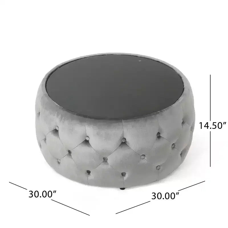 Repose-pieds ottoman moderne avec plateau en verre, table basse ronde en velours touffeté, avec capitonnage en losange, pour salon, chambre à coucher