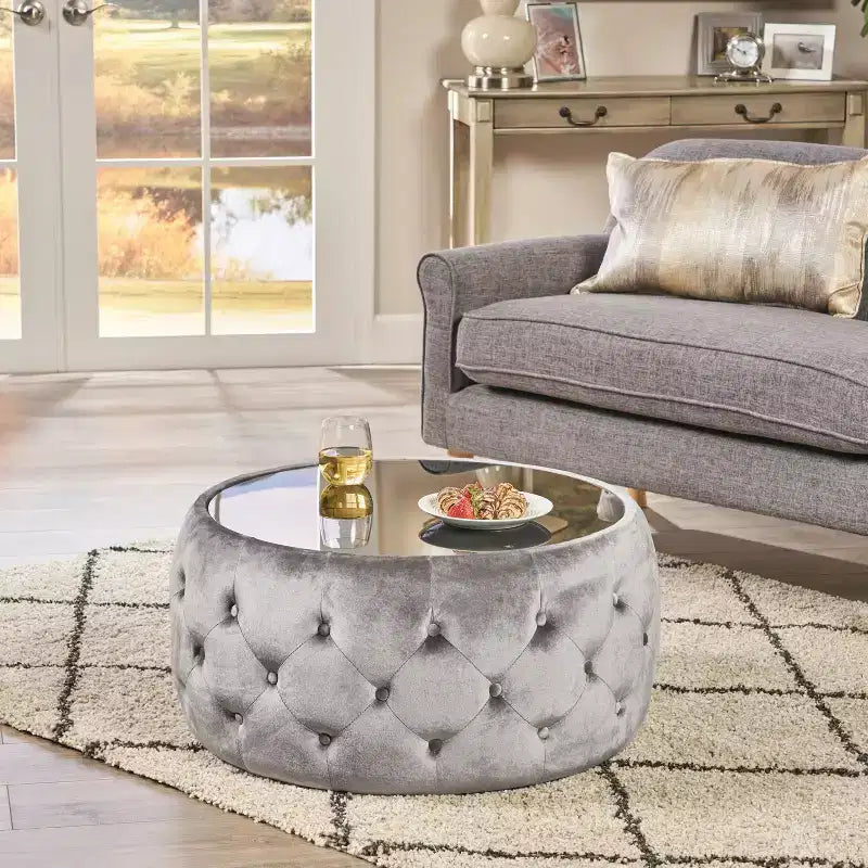Repose-pieds ottoman moderne avec plateau en verre, table basse ronde en velours touffeté, avec capitonnage en losange, pour salon, chambre à coucher