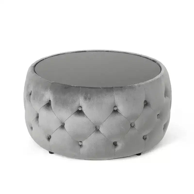Repose-pieds ottoman moderne avec plateau en verre, table basse ronde en velours touffeté, avec capitonnage en losange, pour salon, chambre à coucher