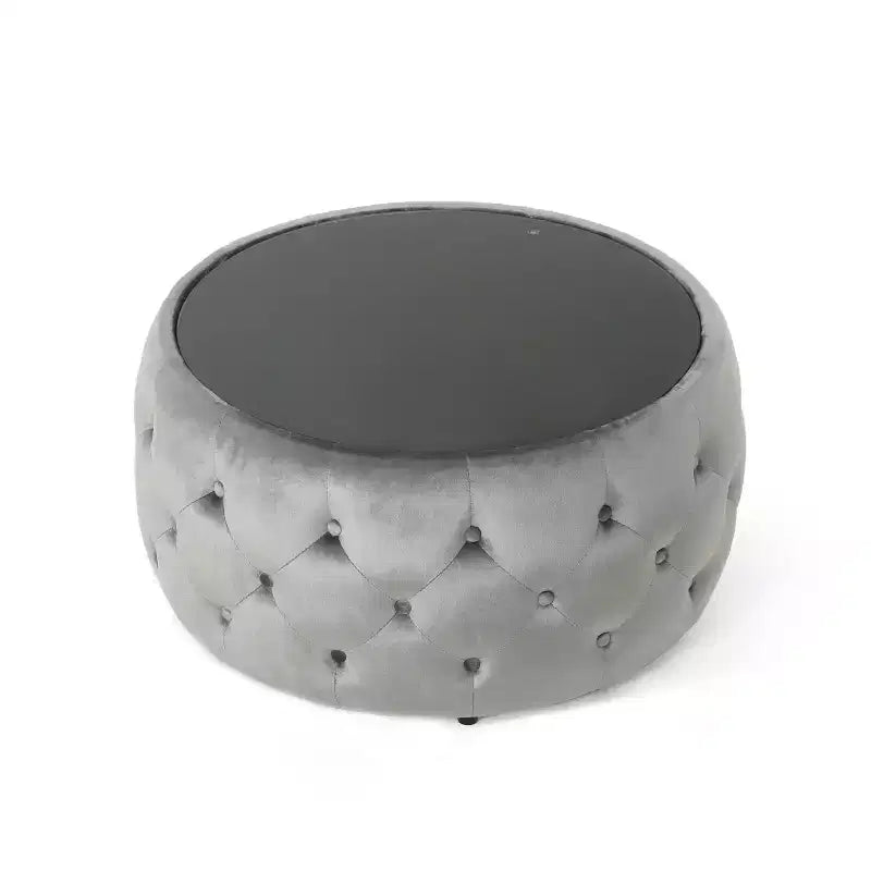 Repose-pieds ottoman moderne avec plateau en verre, table basse ronde en velours touffeté, avec capitonnage en losange, pour salon, chambre à coucher