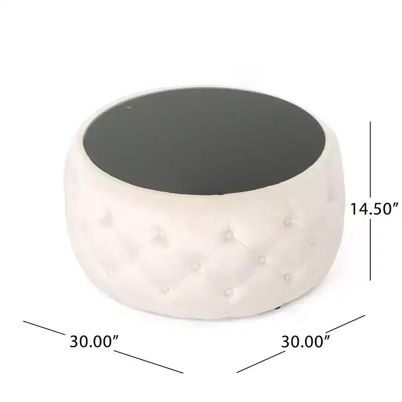 Repose-pieds ottoman moderne avec plateau en verre, table basse ronde en velours touffeté, avec capitonnage en losange, pour salon, chambre à coucher
