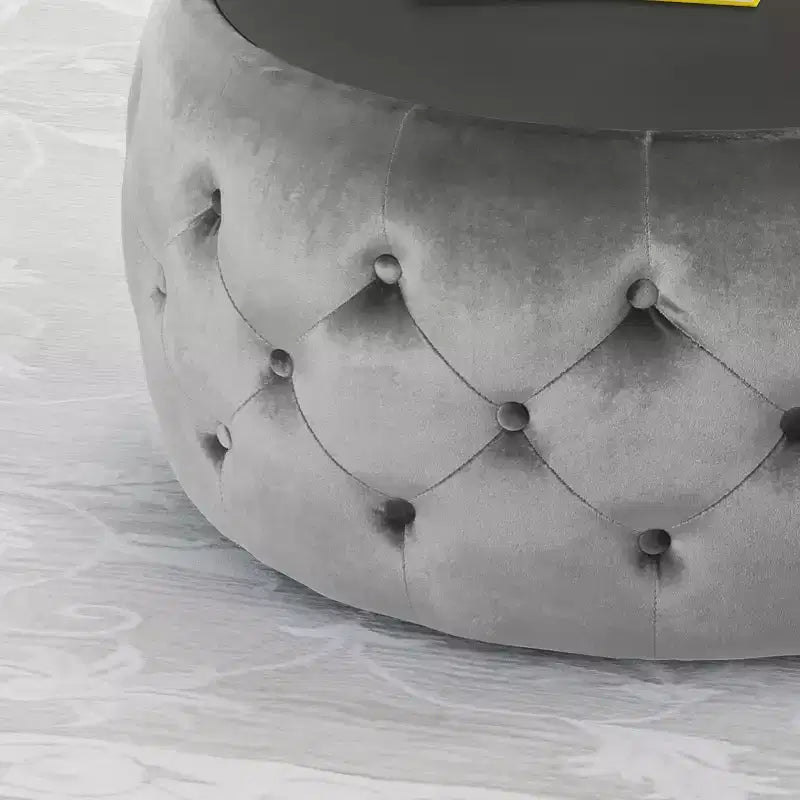 Repose-pieds ottoman moderne avec plateau en verre, table basse ronde en velours touffeté, avec capitonnage en losange, pour salon, chambre à coucher