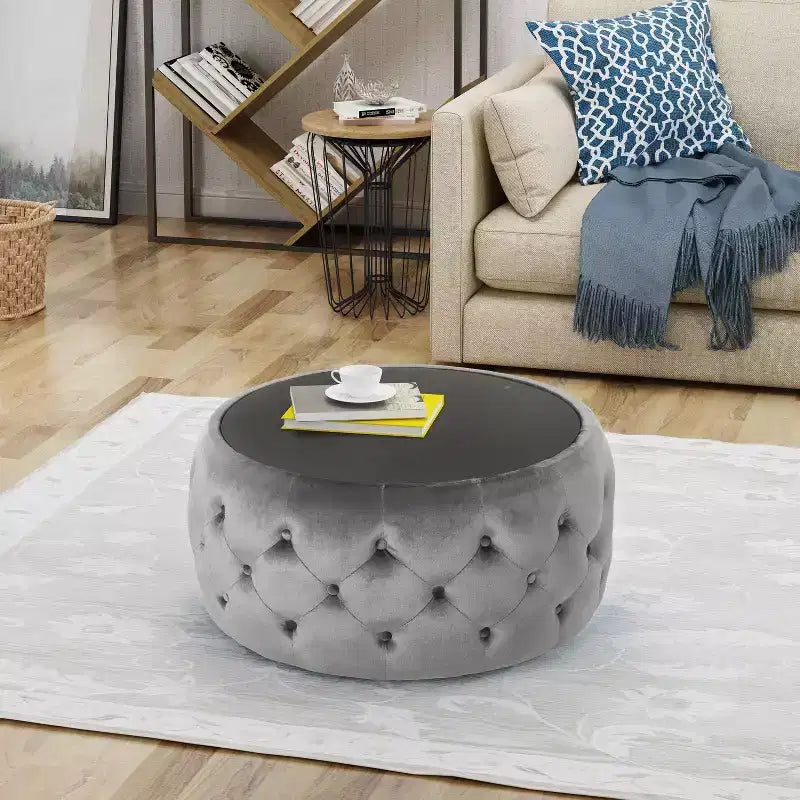 Repose-pieds ottoman moderne avec plateau en verre, table basse ronde en velours touffeté, avec capitonnage en losange, pour salon, chambre à coucher