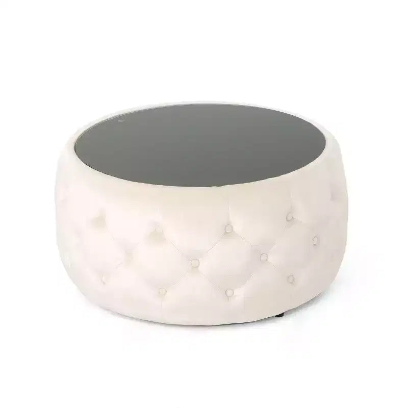 Repose-pieds ottoman moderne avec plateau en verre, table basse ronde en velours touffeté, avec capitonnage en losange, pour salon, chambre à coucher
