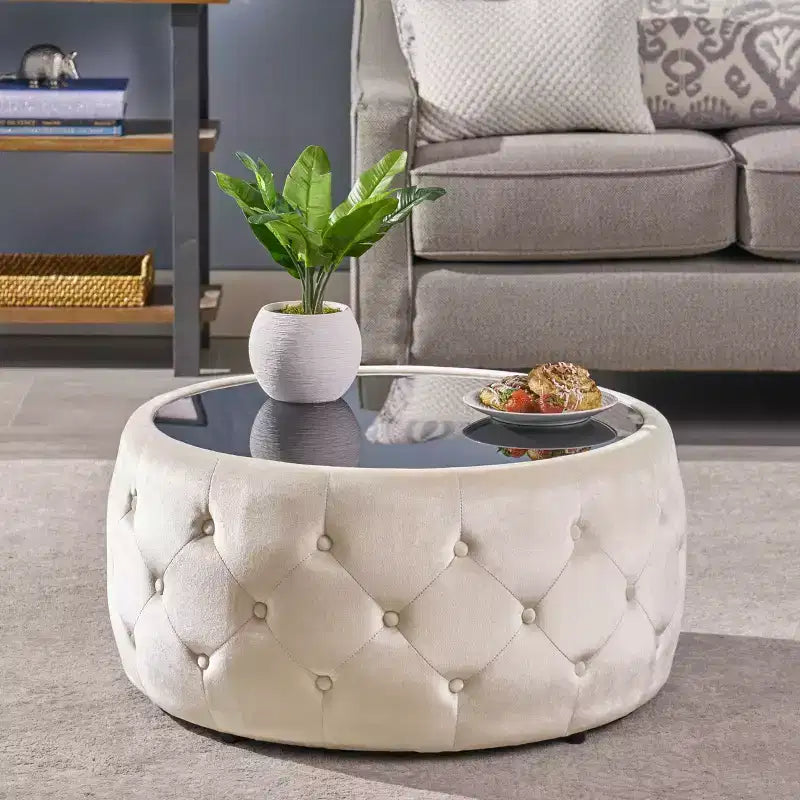 Repose-pieds ottoman moderne avec plateau en verre, table basse ronde en velours touffeté, avec capitonnage en losange, pour salon, chambre à coucher
