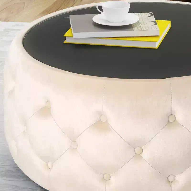 Repose-pieds ottoman moderne avec plateau en verre, table basse ronde en velours touffeté, avec capitonnage en losange, pour salon, chambre à coucher