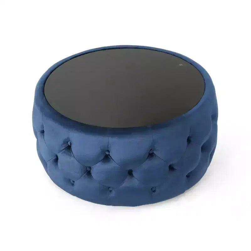Repose-pieds ottoman moderne avec plateau en verre, table basse ronde en velours touffeté, avec capitonnage en losange, pour salon, chambre à coucher