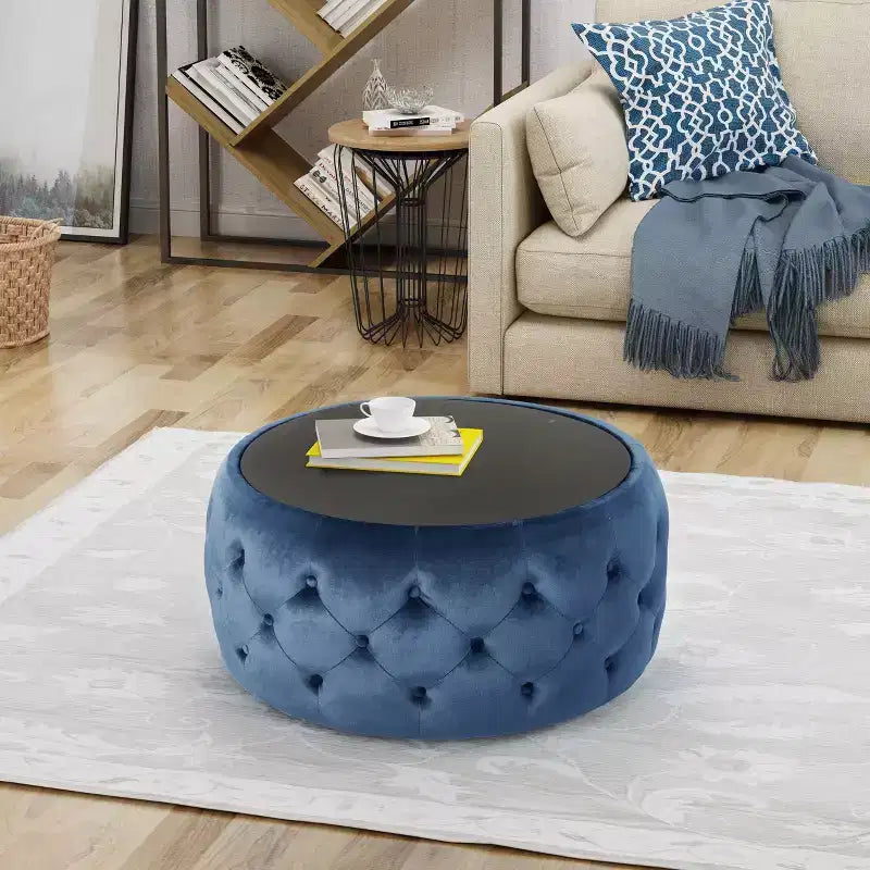 TUYOHW Modern Ottoman with Glass Top Round Velvet Upholstered Coffee Table with Button-Tufted Diamond Stitch Foot Stool for Living Room, Bedroom