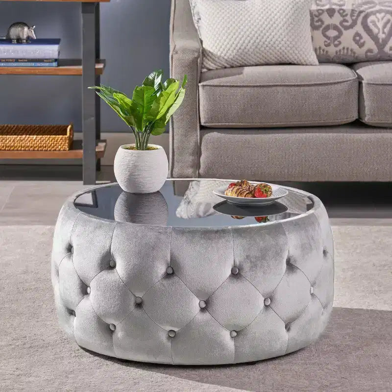 Repose-pieds ottoman moderne avec plateau en verre, table basse ronde en velours touffeté, avec capitonnage en losange, pour salon, chambre à coucher