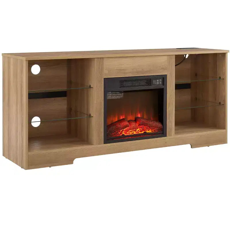 Meuble TV cheminée 3D avec lumières LED pour TV jusqu'à 60 pouces, prise de chargement USB et étagères en verre