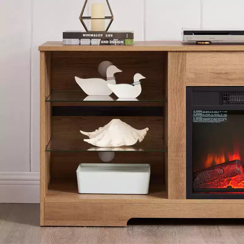 Meuble TV cheminée 3D avec lumières LED pour TV jusqu'à 60 pouces, prise de chargement USB et étagères en verre