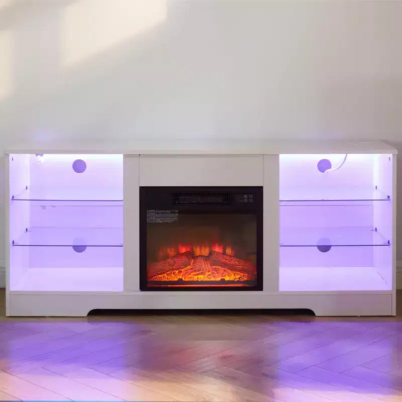 Meuble TV cheminée 3D avec lumières LED pour TV jusqu'à 60 pouces, prise de chargement USB et étagères en verre