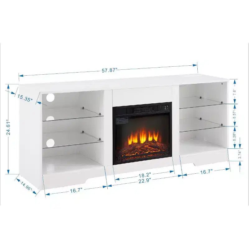 Meuble TV cheminée 3D avec lumières LED pour TV jusqu'à 60 pouces, prise de chargement USB et étagères en verre