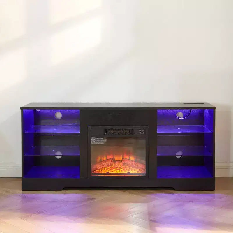 Meuble TV cheminée 3D avec lumières LED pour TV jusqu'à 60 pouces, prise de chargement USB et étagères en verre