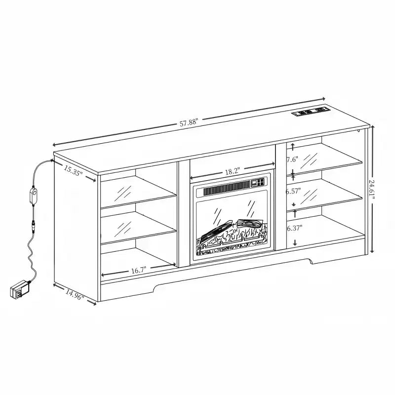 Meuble TV cheminée 3D avec lumières LED pour TV jusqu'à 60 pouces, prise de chargement USB et étagères en verre