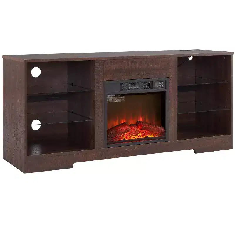 Meuble TV cheminée 3D avec lumières LED pour TV jusqu'à 60 pouces, prise de chargement USB et étagères en verre