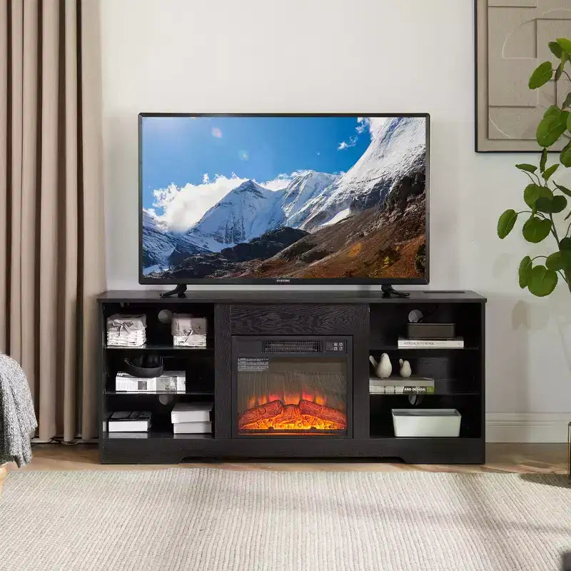 Meuble TV cheminée 3D avec lumières LED pour TV jusqu'à 60 pouces, prise de chargement USB et étagères en verre