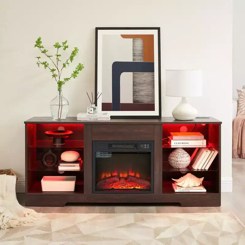 Meuble TV cheminée 3D avec lumières LED pour TV jusqu'à 60 pouces, prise de chargement USB et étagères en verre