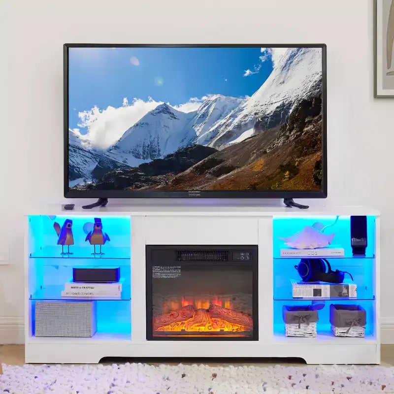 TUYOHW 3D Fireplace TV Stand with LED Lights for TVs up to 60 Inches,USB Charging Outlet and Glass Shelves