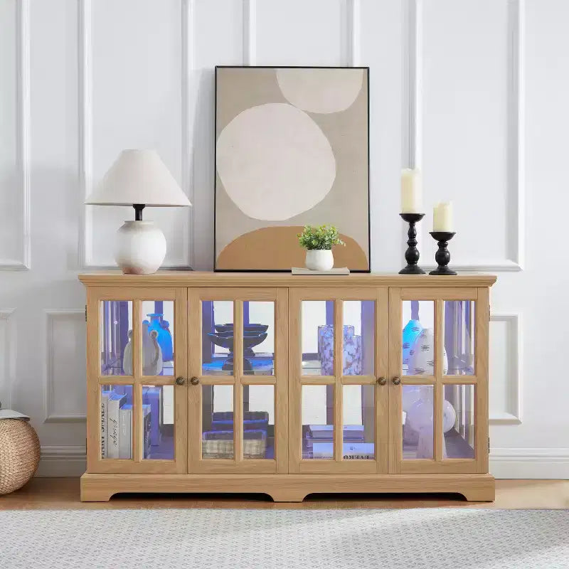 Curio Cabinet, Lighted Glass Display Cabinet w/ 4 Glass Doors &amp; Adjustable Shelves, Lighted Showcase with LED Light Strip, TV Stand