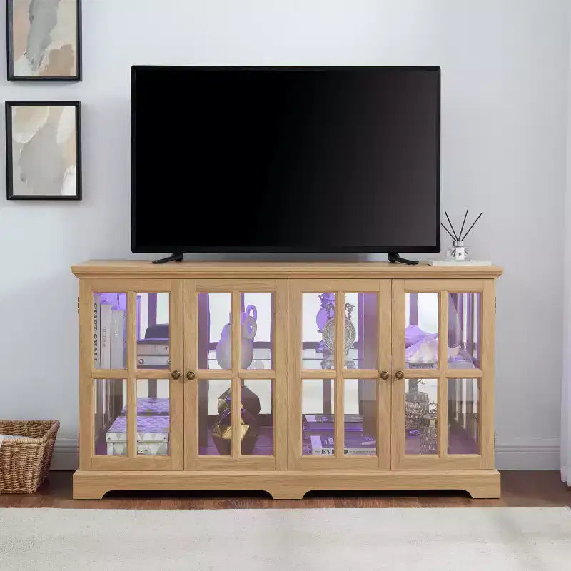 Vitrine, Meuble d'exposition en verre éclairé avec 4 portes vitrées et des étagères réglables, Vitrine éclairée avec bande lumineuse LED, Meuble TV
