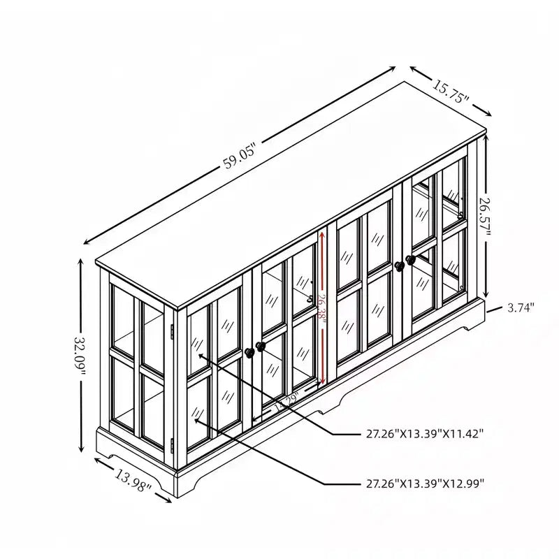 Vitrine, Meuble d'exposition en verre éclairé avec 4 portes vitrées et des étagères réglables, Vitrine éclairée avec bande lumineuse LED, Meuble TV