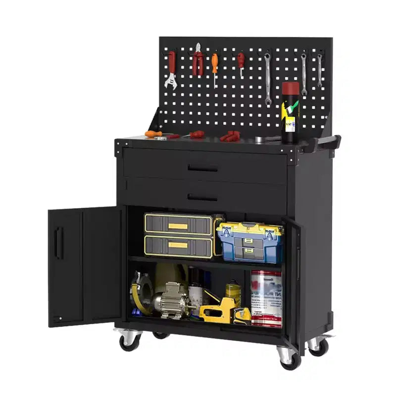 COZONY Heavy Duty Rolling Tool Cabinet with 2 Drawers &amp; Pegboard, Lockable Garage Workbench for Workshop Storage
