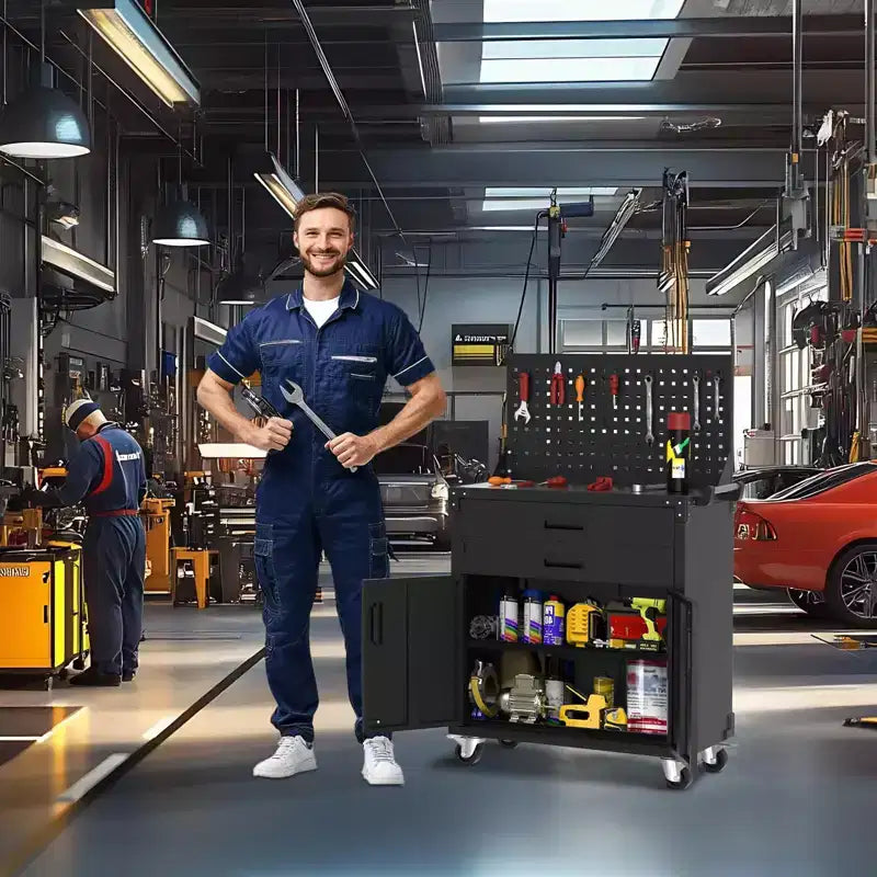 Servante d'atelier robuste à roulettes avec 2 tiroirs et panneau perforé, établi de garage verrouillable pour le rangement en atelier