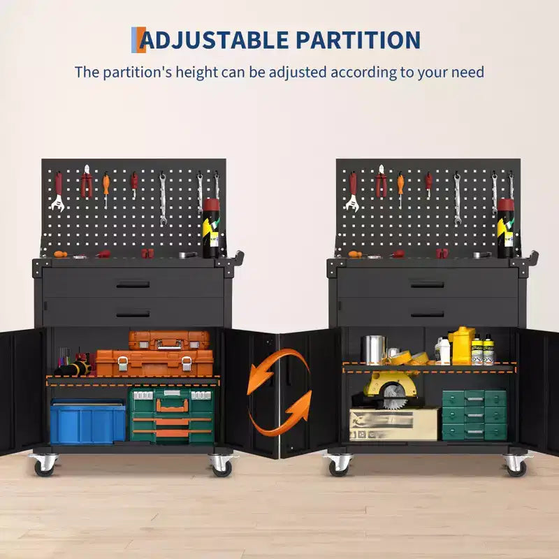 Servante d'atelier robuste à roulettes avec 2 tiroirs et panneau perforé, établi de garage verrouillable pour le rangement en atelier