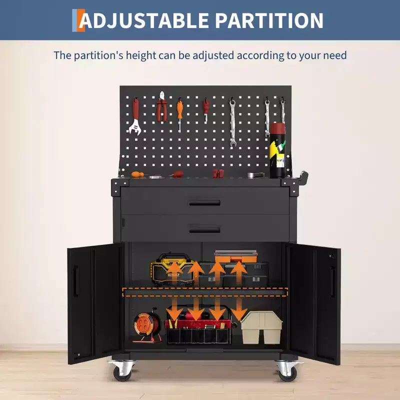 Servante d'atelier robuste à roulettes avec 2 tiroirs et panneau perforé, établi de garage verrouillable pour le rangement en atelier