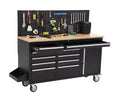 61-Inch 10-Drawer Rolling Tool Chest &amp; Garage Workbench with Power Strip, Solid Rubber Wood Top, 1675 LBS Load Heavy Duty Mobile Workstation Cabinet