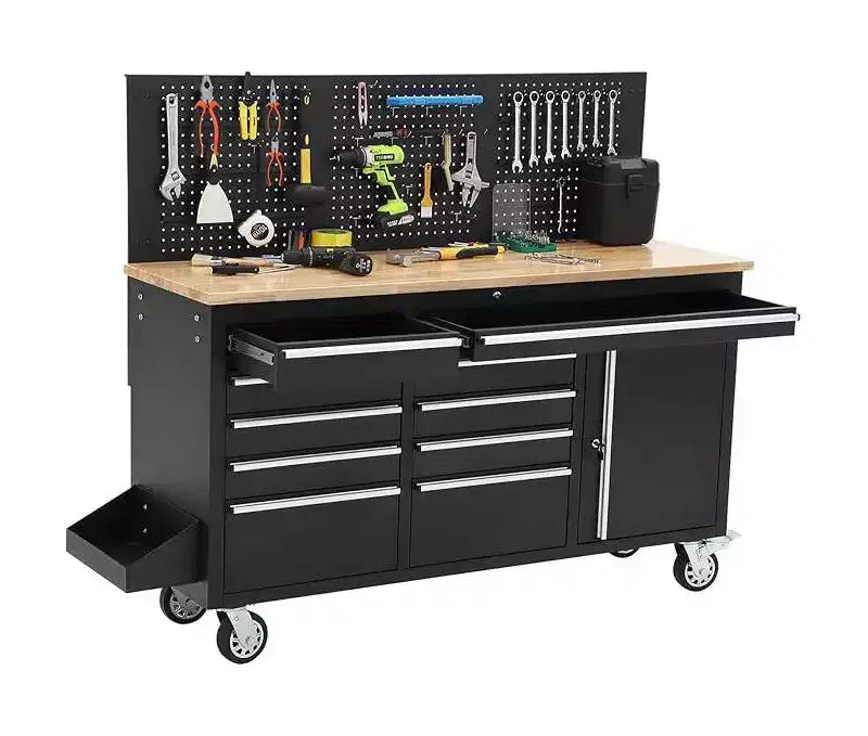 61-Inch 10-Drawer Rolling Tool Chest &amp; Garage Workbench with Power Strip, Solid Rubber Wood Top, 1675 LBS Load Heavy Duty Mobile Workstation Cabinet