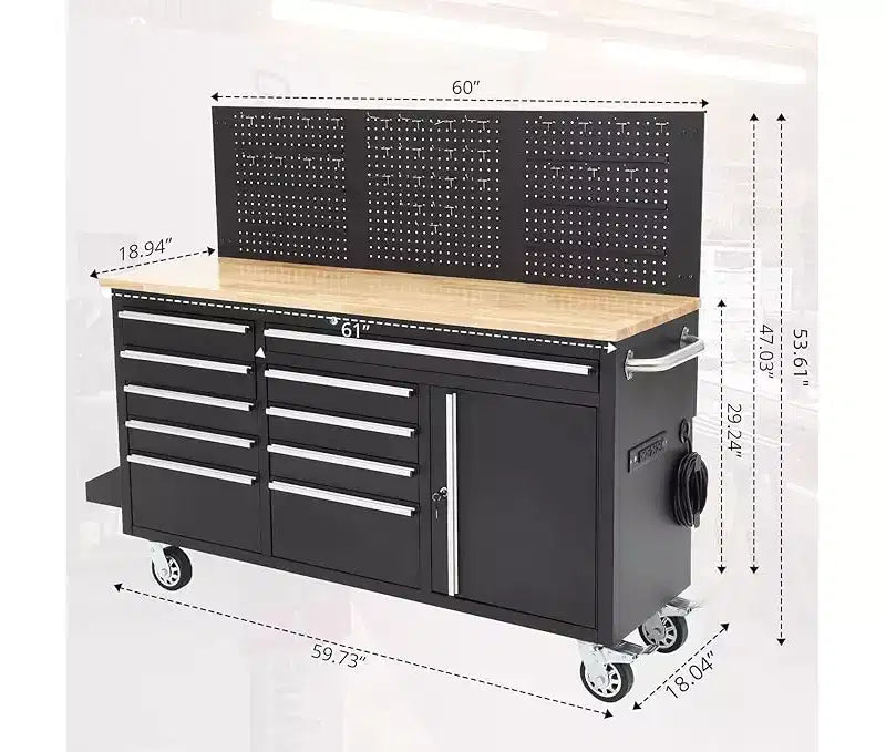 Établi de garage et coffre à outils roulant de 155 cm à 10 tiroirs avec multiprise, plateau en bois d'hévéa massif, charge de 760 kg, armoire d'atelier mobile robuste