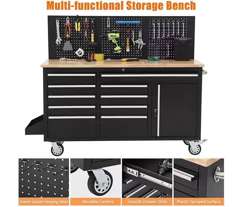 Établi de garage et coffre à outils roulant de 155 cm à 10 tiroirs avec multiprise, plateau en bois d'hévéa massif, charge de 760 kg, armoire d'atelier mobile robuste