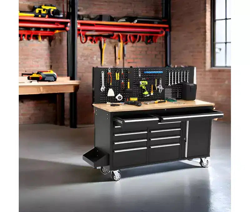 Établi de garage et coffre à outils roulant de 155 cm à 10 tiroirs avec multiprise, plateau en bois d'hévéa massif, charge de 760 kg, armoire d'atelier mobile robuste