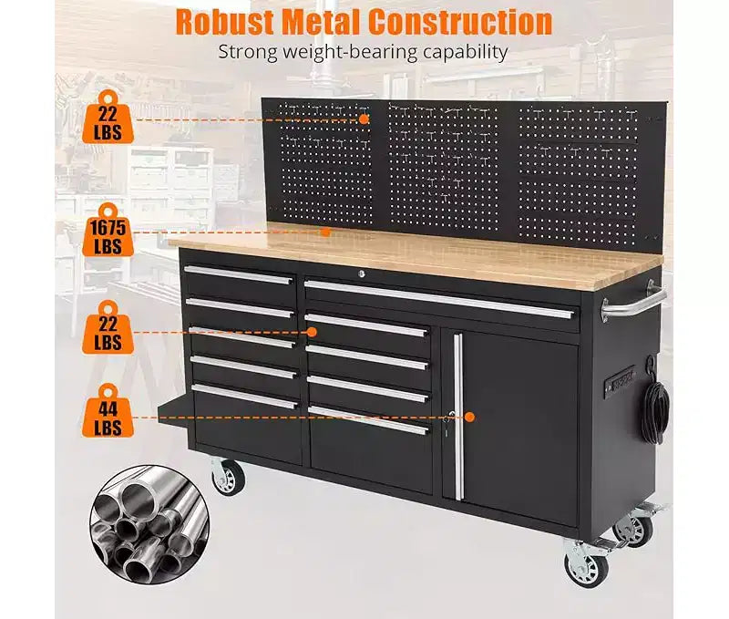 Établi de garage et coffre à outils roulant de 155 cm à 10 tiroirs avec multiprise, plateau en bois d'hévéa massif, charge de 760 kg, armoire d'atelier mobile robuste
