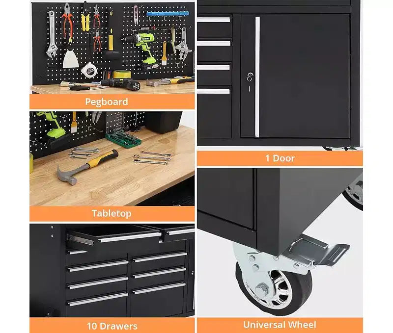 Établi de garage et coffre à outils roulant de 155 cm à 10 tiroirs avec multiprise, plateau en bois d'hévéa massif, charge de 760 kg, armoire d'atelier mobile robuste
