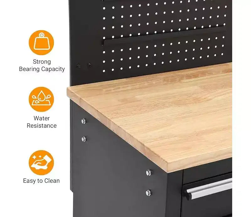Établi de garage et coffre à outils roulant de 155 cm à 10 tiroirs avec multiprise, plateau en bois d'hévéa massif, charge de 760 kg, armoire d'atelier mobile robuste