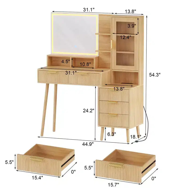 Coiffeuse à 5 tiroirs avec lumières et prise de courant, table de maquillage cannelée avec miroir éclairé de 60 cm