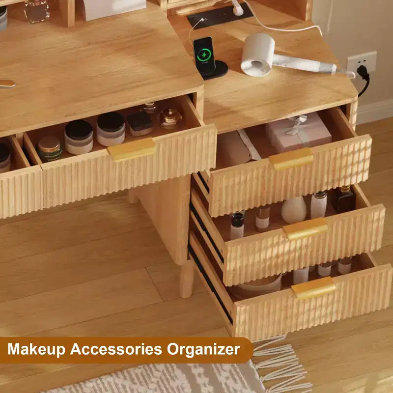 Coiffeuse à 5 tiroirs avec lumières et prise de courant, table de maquillage cannelée avec miroir éclairé de 60 cm