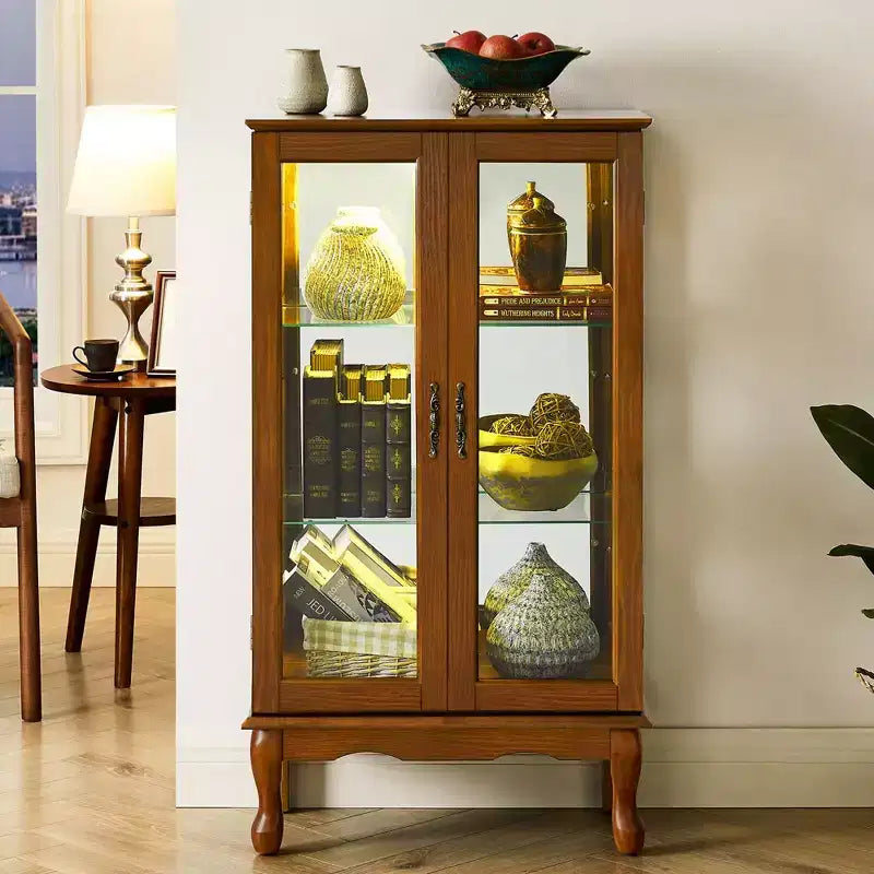 Vitrine en Verre avec Étagères Réglables, Portes en Verre Trempé et Fond Miroir, Meuble d'Exposition Moderne pour Salon et Cuisine