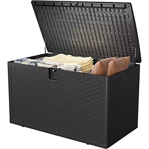 Boîte de rangement extérieure de 450 litres, coffre de rangement verrouillable, organisateur de patio en résine étanche avec finition rotin, pour jardin et arrière-cour