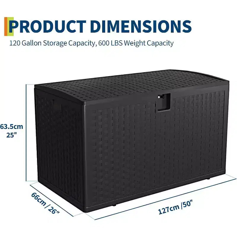 Boîte de rangement extérieure de 450 litres, coffre de rangement verrouillable, organisateur de patio en résine étanche avec finition rotin, pour jardin et arrière-cour