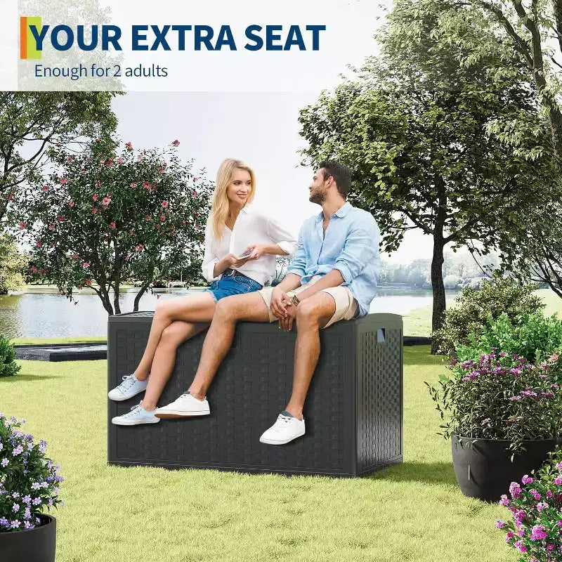 Boîte de rangement extérieure de 450 litres, coffre de rangement verrouillable, organisateur de patio en résine étanche avec finition rotin, pour jardin et arrière-cour