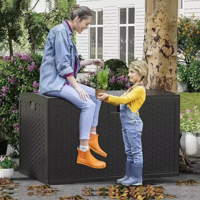 Boîte de rangement extérieure de 450 litres, coffre de rangement verrouillable, organisateur de patio en résine étanche avec finition rotin, pour jardin et arrière-cour