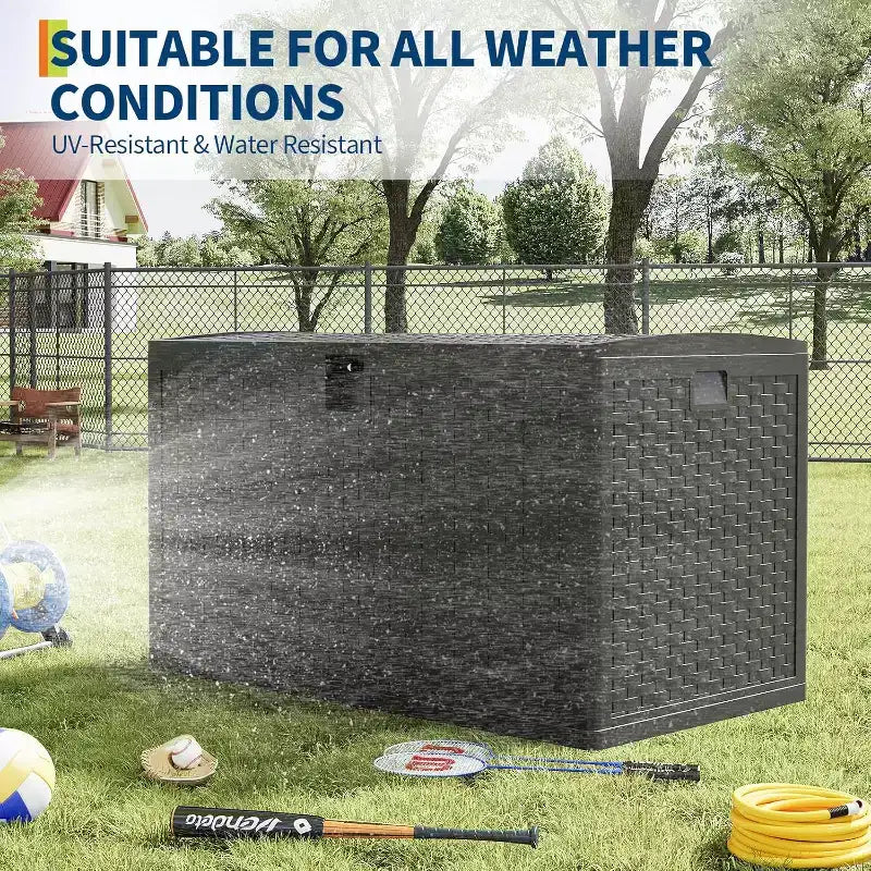 Boîte de rangement extérieure de 450 litres, coffre de rangement verrouillable, organisateur de patio en résine étanche avec finition rotin, pour jardin et arrière-cour