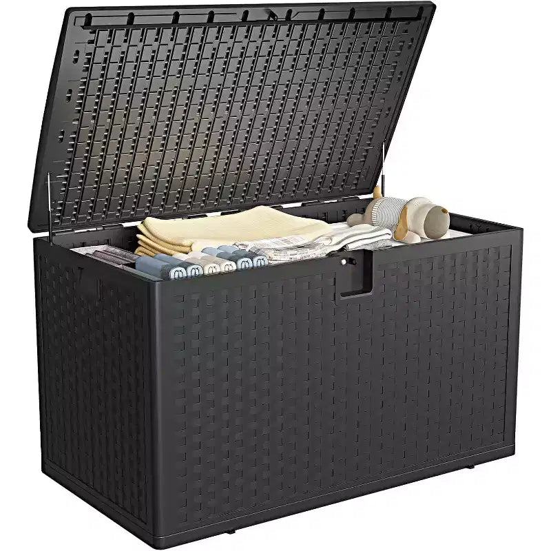 Acekool 120 Gallon Outdoor Storage Box, Lockable Deck Box, Waterproof Resin Patio Organizer with Rattan Finish, for Garden &amp; Backyard
