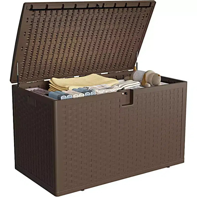 Boîte de rangement extérieure de 450 litres, coffre de rangement verrouillable, organisateur de patio en résine étanche avec finition rotin, pour jardin et arrière-cour
