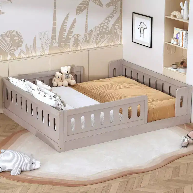 Lit de sol pleine grandeur avec barrière, lit Montessori en bois avec balustrades de sécurité pour garçons et filles