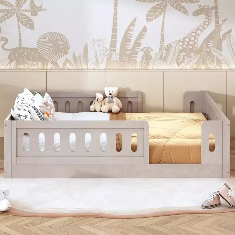 Lit de sol pleine grandeur avec barrière, lit Montessori en bois avec balustrades de sécurité pour garçons et filles